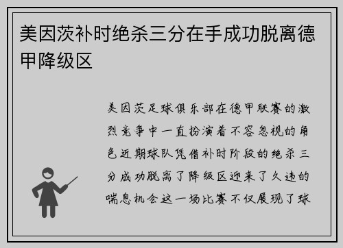 美因茨补时绝杀三分在手成功脱离德甲降级区
