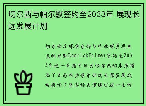 切尔西与帕尔默签约至2033年 展现长远发展计划 切尔西与帕尔默签约至2033年 展现长远发展计划